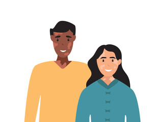 Young couple with vitiligo. Cartoon portraits of positive man and woman characters with vitiligo standing together over isolated background. Body positive, self love and depigmentation disease vector 