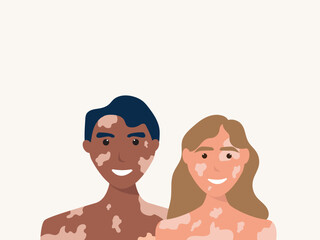Obraz premium Young couple with vitiligo. Cartoon portraits of positive man and woman characters with vitiligo standing together over isolated background. Body positive, self love and depigmentation disease vector 
