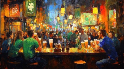 Nightlife, pub, city street, friends drinking beer, lively atmosphere, for bar advertising
