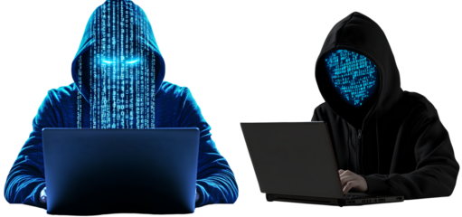 Hacker with a blue glow of code on their face, wearing a black hoodie, sitting at a laptop, on a transparent background