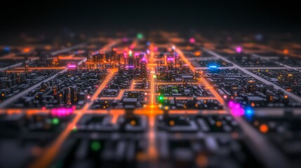 Futuristic Cityscape  Neon Lights  Urban Planning  Aerial View