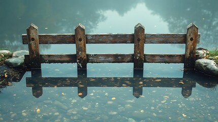 Naklejka premium Wooden Fence Submerged in Still Misty Lake Water