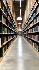 long corridor of bookshelves in historic library