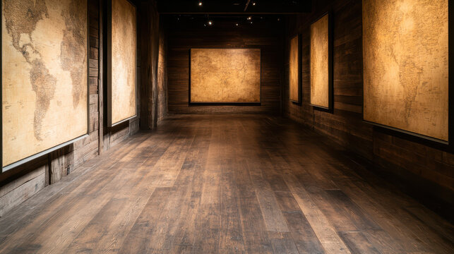 Dimly lit gallery with vintage world maps on wooden walls