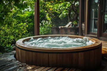 Fototapeta premium Wooden hot tub with bubbling water, outdoors. Perfect for relaxation, spa, and wellness concepts.