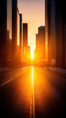 bustling city street during golden hour with stunning sunset