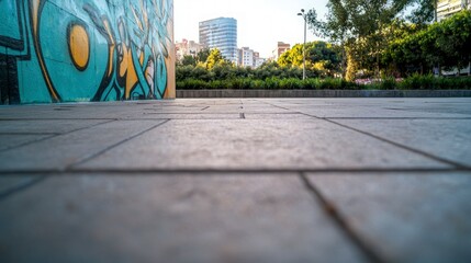 Urban Graffiti Wall  Cityscape  Street Art  Concrete Pavement  Low Angle