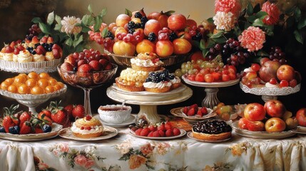 Lavish still life of fruit tarts, pastries, and fresh fruit arranged on ornate platters. A decadent image perfect for representing abundance, celebration, or fine dining.