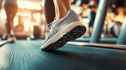 A pair of worn athletic shoes in motion on a runner machine at gym, focused background showing active equipment and gym goers. 8k Resolution