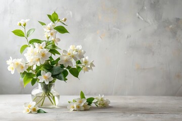 A delicate bouquet of pristine white blossoms arranged in a clear glass vase, rests on a light wood surface against a subtly textured backdrop.