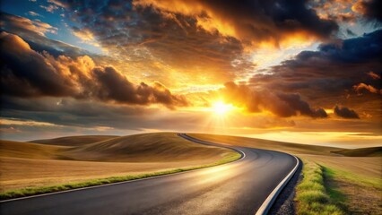 Naklejka premium Asphalt Road Winding Through Rolling Hills at Sunset, A Scenic Journey Towards a Vibrant Horizon
