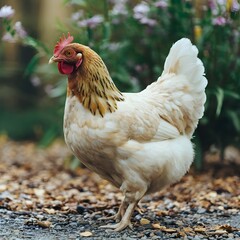 Chicken walking in garden.
