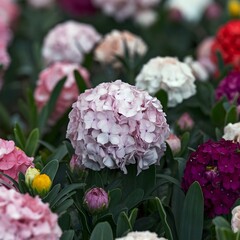 Closeup of a field of various colored hydrangeas.