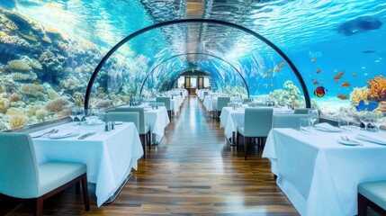 Obraz premium Subaquatic Dining: An extraordinary restaurant offers diners a breathtaking view of an underwater world, coral reefs and tropical fish swimming gracefully around.