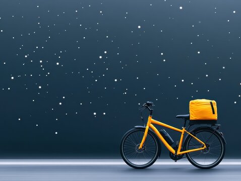 Bright yellow bicycle with delivery bag against a starry night background