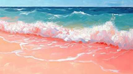 Pink sand beach waves under a blue sky. Possible stock photo use