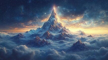 Majestic Mountain Peak Above Clouds at Dawn