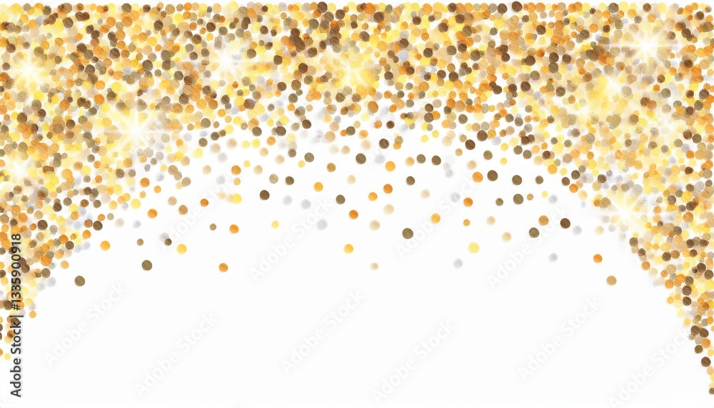 Poster luxury golden confetti falling on white background with sparkling bokeh effect, festive backdrop for celebration design

