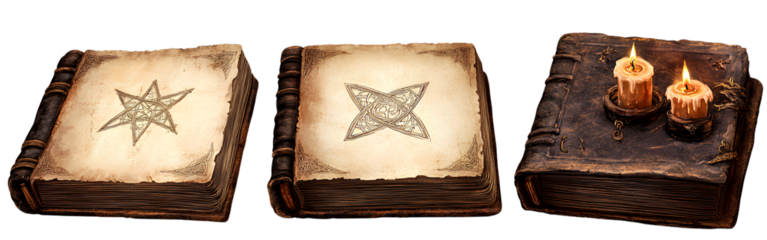  set of 3 different images of an old spellbook with pentagram designs and stars on the pages, candles, full body view, transparent background PNG  