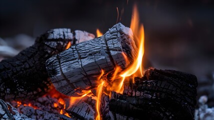 Closeup of scorched wood logs in fire.