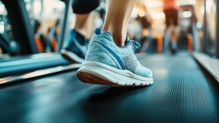 A pair of worn athletic shoes in motion on a runner machine at gym, focused background showing active equipment and gym goers. 8k Resolution