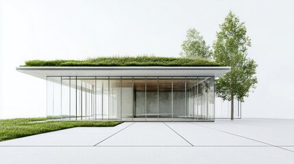 Modern glass pavilion with green roof, serene setting