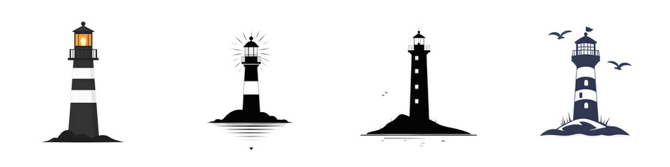 Four lighthouse illustrations, white background isolated on white or transparent