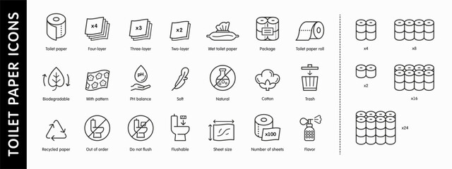 Toilet paper roll line icons set isolated on white background. Black flat pictogram of package feather, cotton, dispenser, tissue, napkin, trash can. Vector illustration