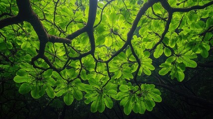 Lush green canopy, sunlight filtering through leaves, forest background, nature photography