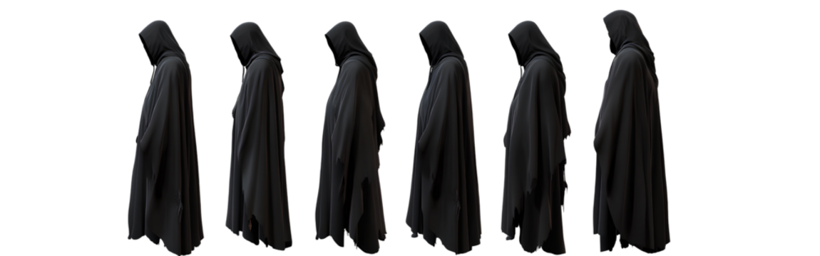 Set of black hooded cloaks with faces covered, full-body view, character design sheet, isolated on a transparent background png 