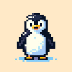 픽셀 만화 kawaii 벡터 스타일로 그려진 북극의 귀여운 펭귄 일러스트. 투명하고 독립된 클립아트 배경으로, 디자인 및 창의적 프로젝트에 완벽함