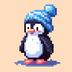 Obraz premium Illustration of cute penguins in the Arctic in a pixel cartoon kawaii vector style on a transparent isolated clipart background, perfect for design and creative projects.