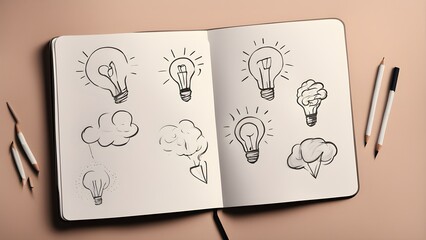 Open sketchbook hand-drawn lightbulb cloud sketches, pencils nearby, illustrating creative ideas.