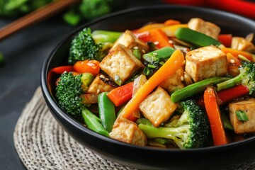 Colorful Vegetable Stir-Fry with Tofu in a Black Bowl