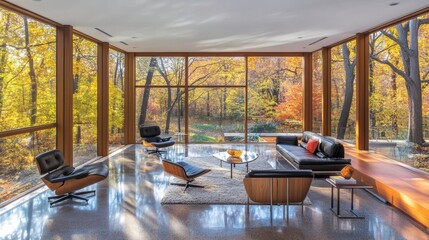Fototapeta premium Modern Room with Floor-to-Ceiling Windows and Furniture