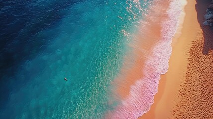 Aerial view of beach waves and turquoise water.  Possible use Stock photo for travel, nature, beach vacation, or coastal tourism