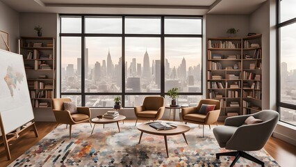 Contemporary living room three armchairs, bookcases, a large window showcasing a stunning cityscape sunset.