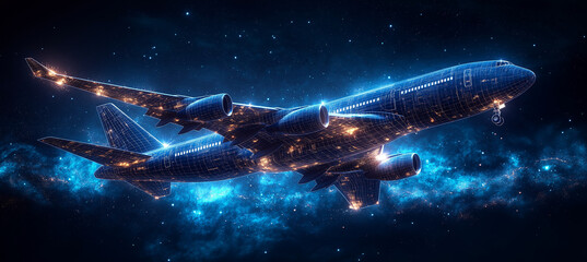 Fototapeta premium Geometric Digital Illustration of Airplane in Flight, Wireframe Design with Modern Technology and Network Connections on Dark Blue Background