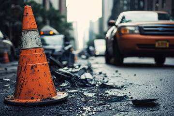 Car Accident Scene with Broken Traffic Cone and Vehicle Debris on Road