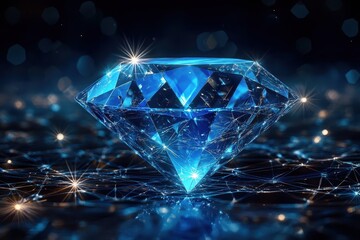 Glowing blue diamond on dark, web-like surface. Ideal for luxury, technology, or success themes.