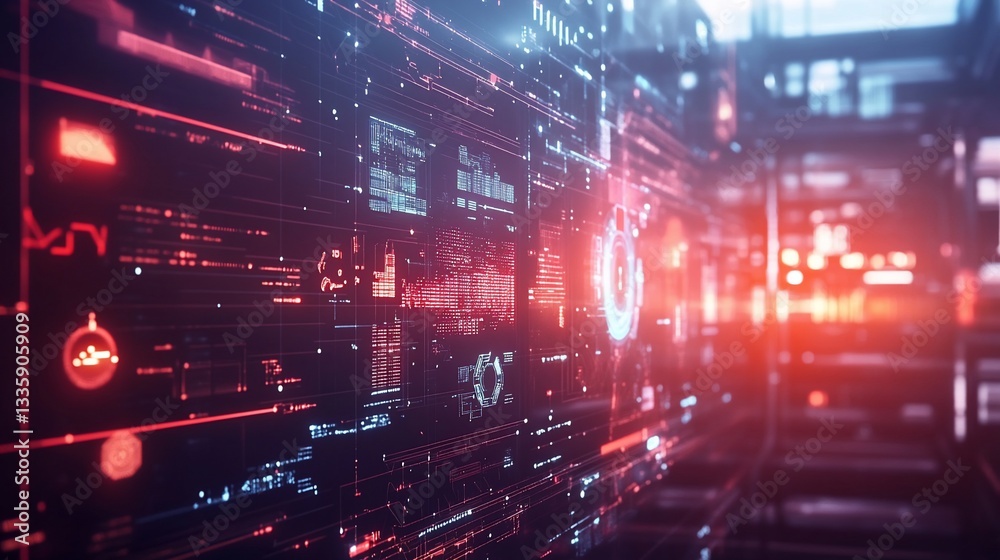 Poster abstract digital interface with glowing red lines and complex information visualization