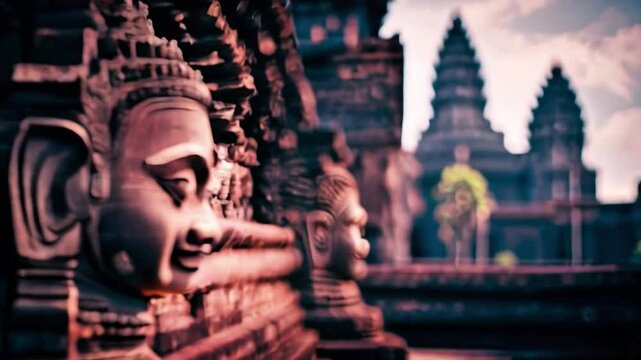 Buddhist temple in Thailand. Ancient temple statue made by cutting rocks on mountains. Cinematic shot of Buddhist monk Buddha in old vintage temple. Buddha happy face statue.