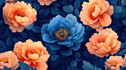 Blue and peach peonies floral pattern, dark background, textile design