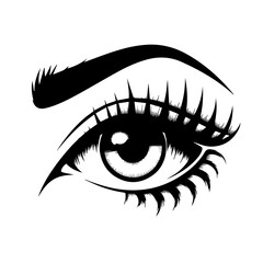 The image is a black-and-white stylized illustration of a human eye. It features bold eyeliner, long eyelashes, a thick eyebrow, and decorative triangular shapes below the eye, giving it an artistic a