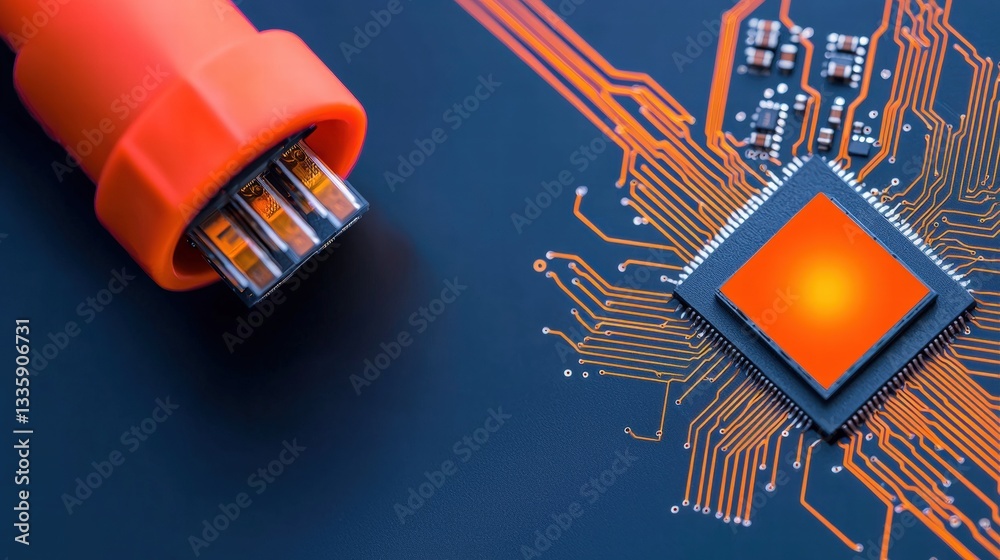 Poster close-up view of a micro microprocessor highlighting its intricate design and technological features