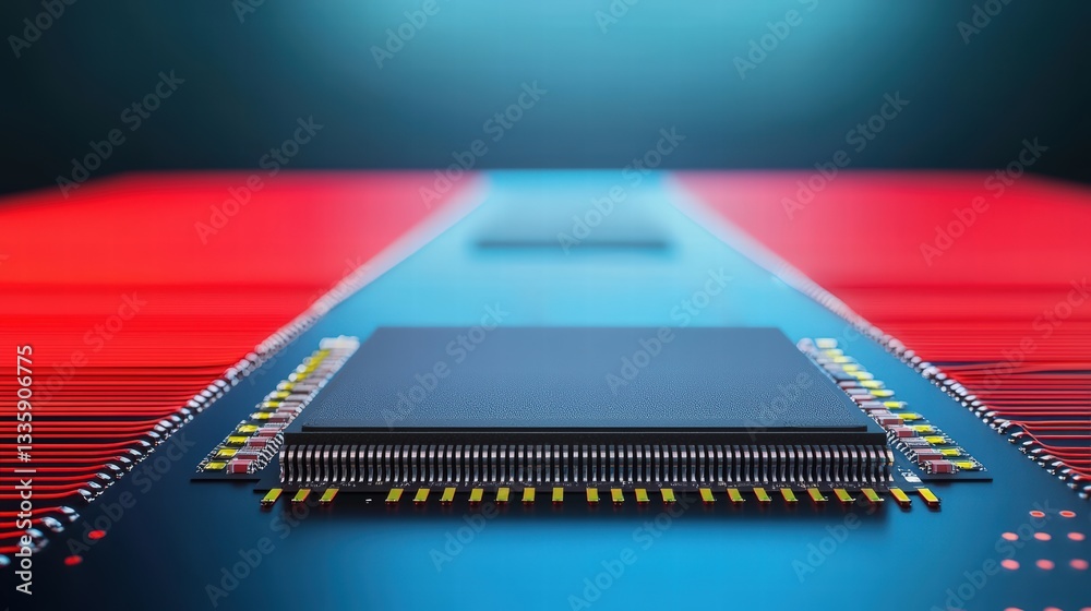 Poster high-resolution image of a computer chip displaying its complex structure and electronic components