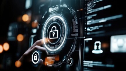 Obraz premium Digital interface showcasing cybersecurity with a lock symbol.