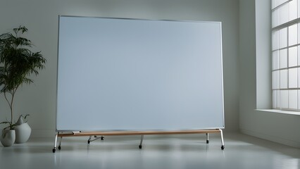 A large, blank whiteboard a wooden stand wheels sits a minimalist room near a large window.