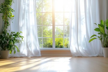 Sunlight streams into a bright room, illuminating a wooden floor and lush plants by a large window with sheer curtains
