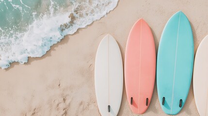 Surfboards on sandy beach coastal scene lifestyle photography aerial view summer vibes